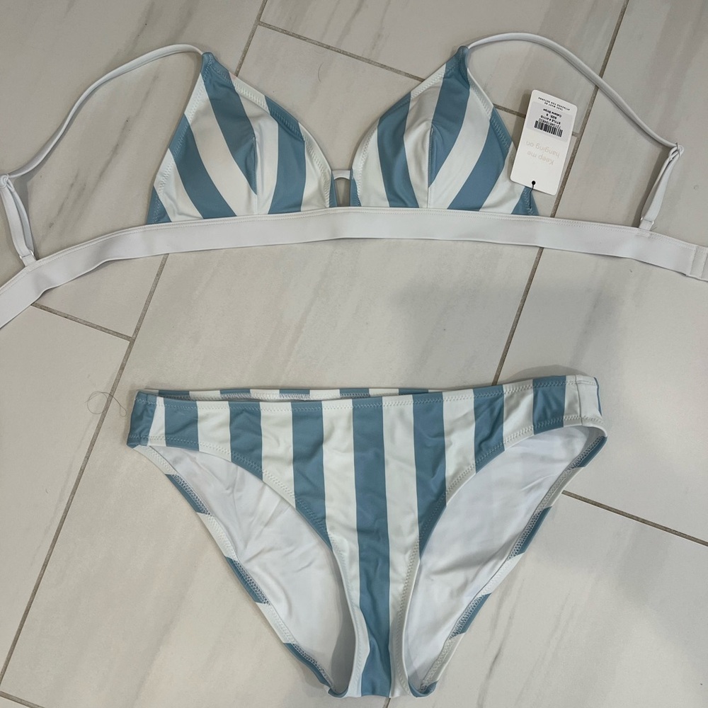 Brand New Lively Striped Blue and White Cabana Bikini Set